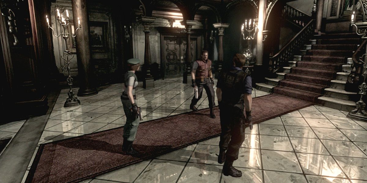 A screenshot from the remastered HD version of the first Resident Evil, featuring the main characters of the game