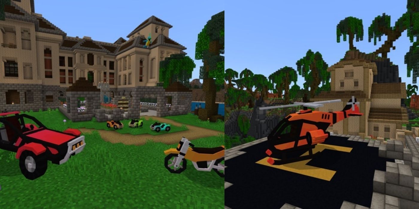 Various vehicles outside a manor and a helicopter on a landing pad in the Minecraft Rocky Island Resort map 