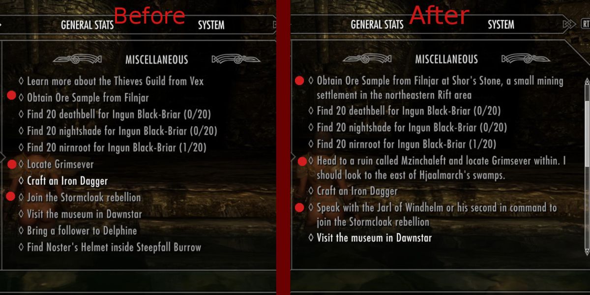 Side-by-side images showing objectives before and after installing the Even Better Quest Objectives mod
