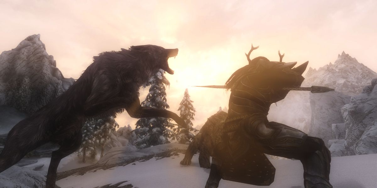 The Smilodon: Combat of Skyrim where a wolf attacks the main character in skyrim