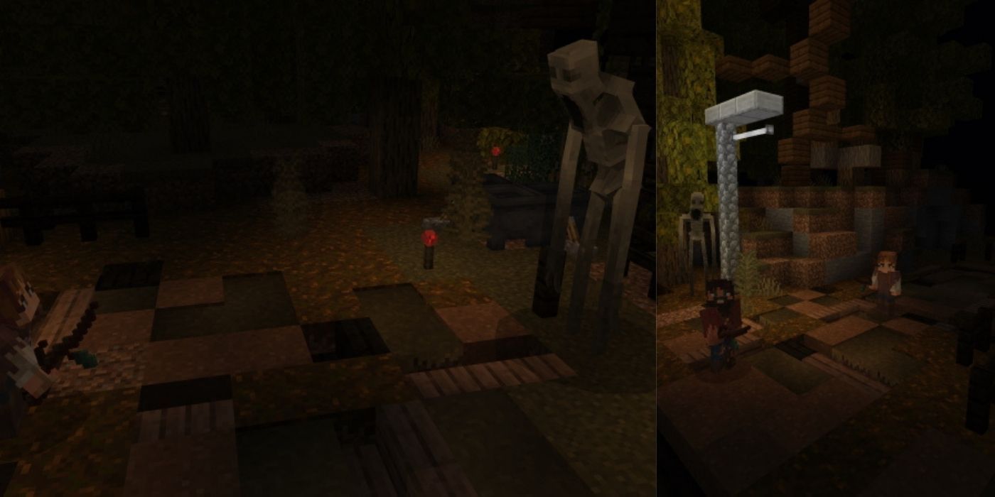A giant monster in the dark and players standing near a light in the Scariest Minecraft Map