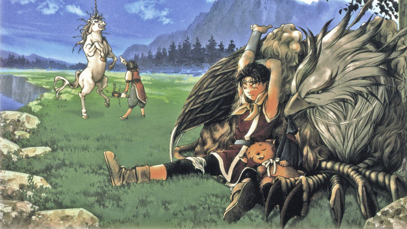 two characters in a field, one resting on a griffin and another wrassling a unicorn