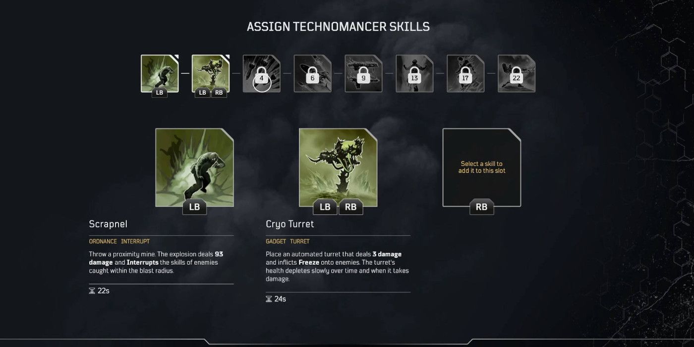 the skills page for technomancers, showing two unlocked skills - the cryo turret and scrapnel grenade