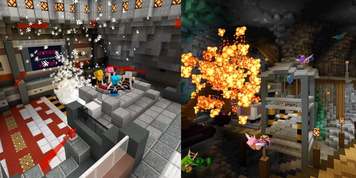 Players gathering at a platform and an explosion in the Minecraft Terra Swoop Force map