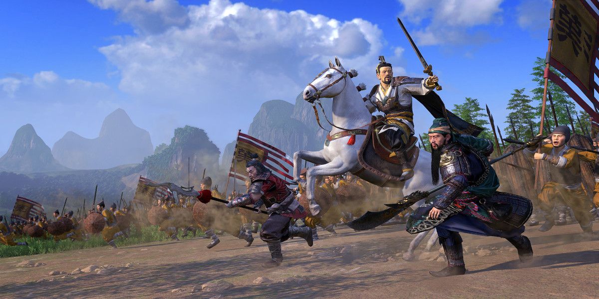 A general in Total War Three Kingdoms leads his troops into battle