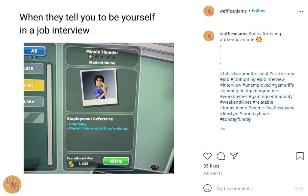 Two Point Hospital job interview meme by Wafflenjams on Instagram