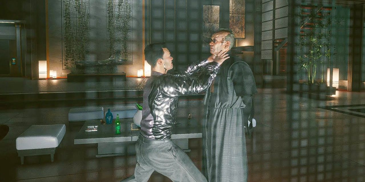 Yorinobu strangling Saburo Arasaka in Cyberpunk 2077