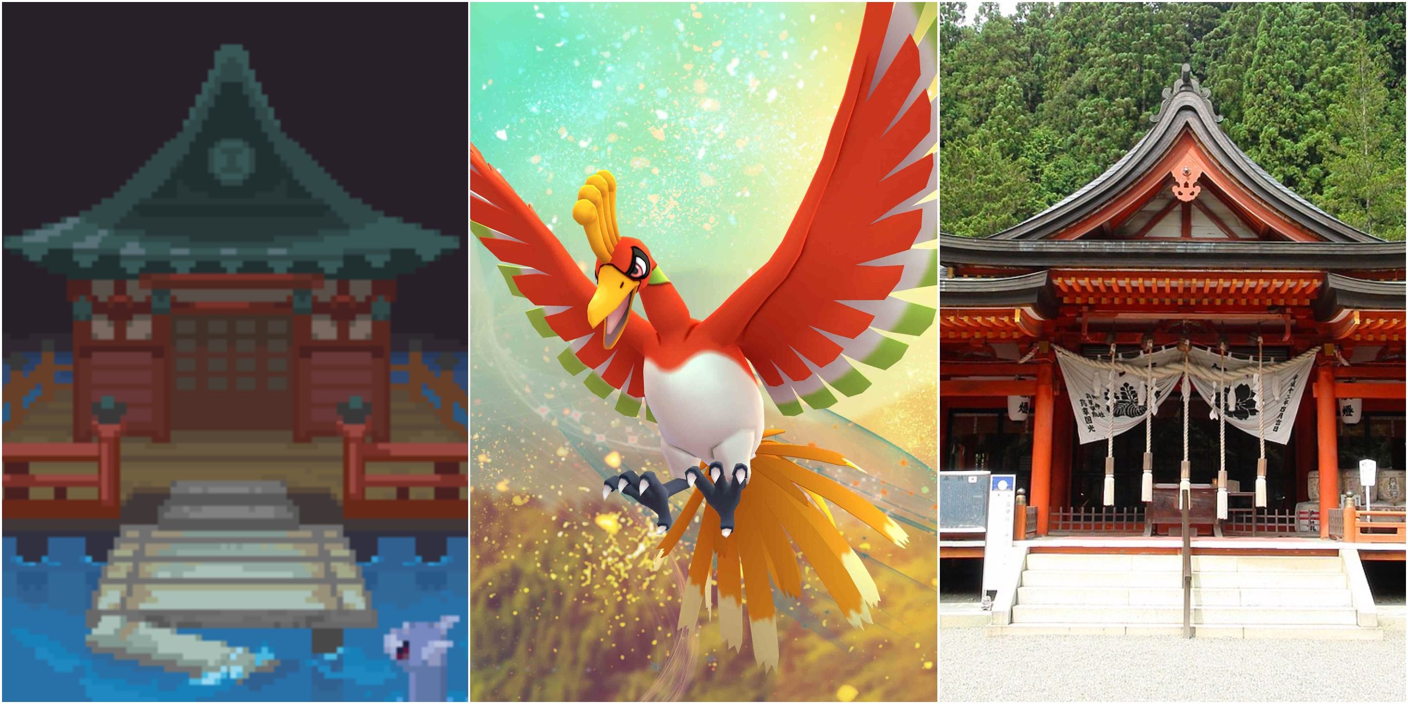 The Dragon's Den in Pokemon HeartGold & Soulsilver, Ho-Oh in Pokemon Go, and the Kanazakura shrine in Kai, Japan.