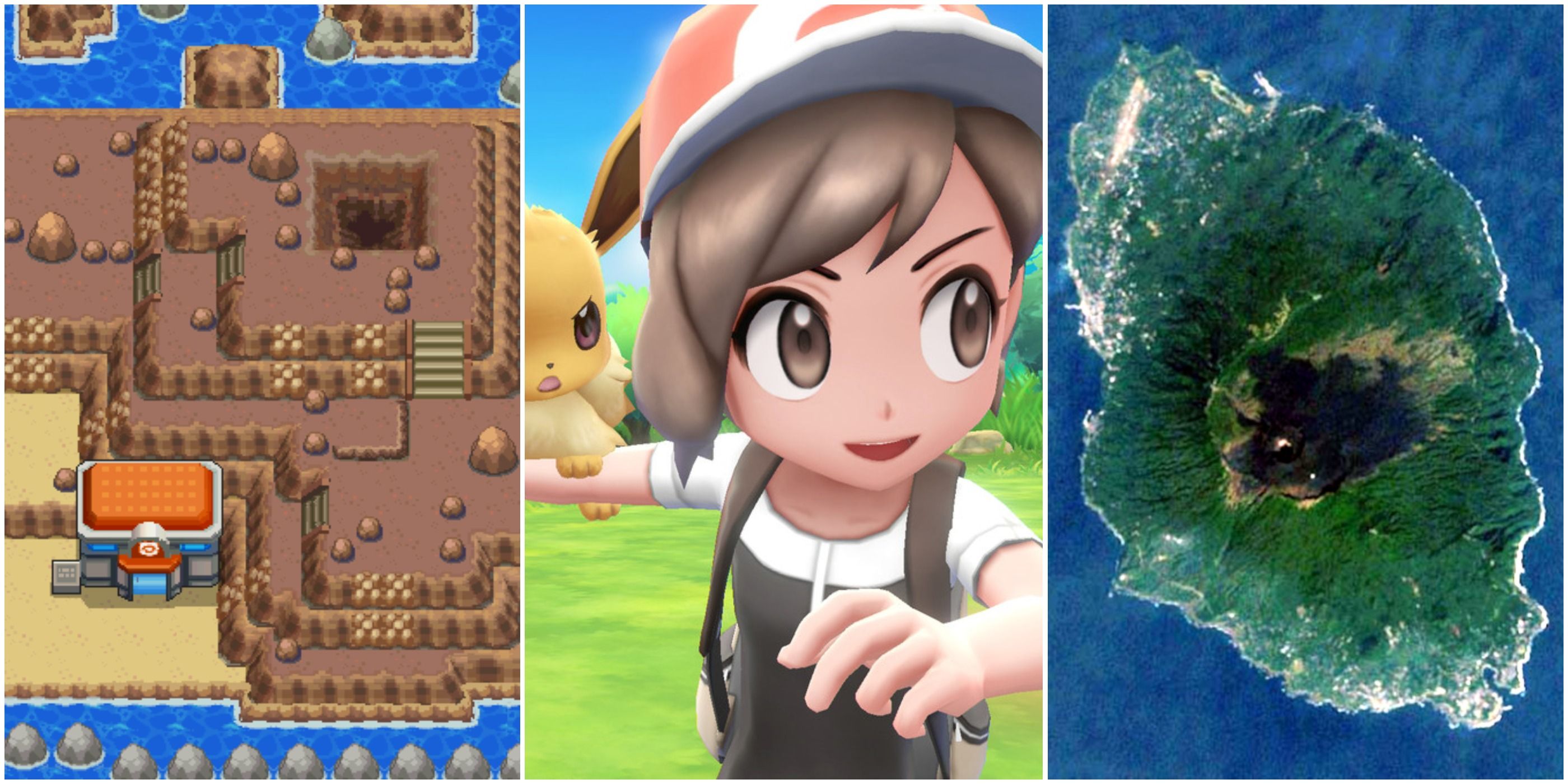 Cinnabar Island from Pokemon HeartGold and SoulSilver next to the female protagonist from Let's Go Pikachu & Eevee, next to a sattelite image of Izu Oshima Island in Japan.