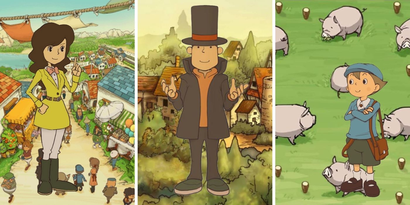 Emmy, Professor Layton and Luke on background backdrops from the game