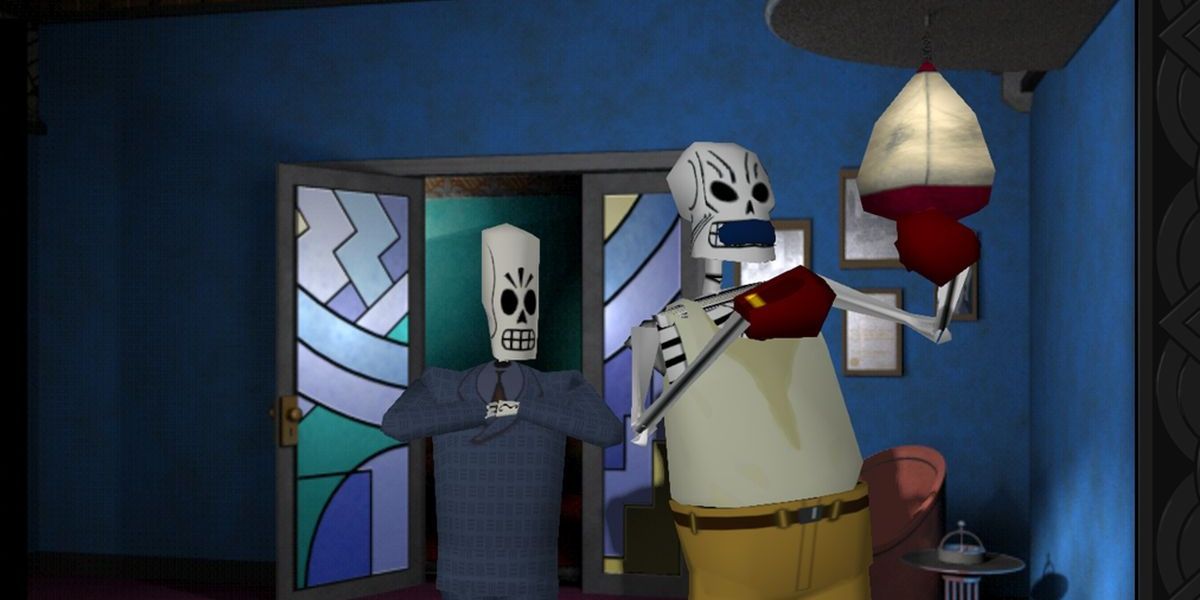 Grim Fandango characters in a room with one punching a punching bag.