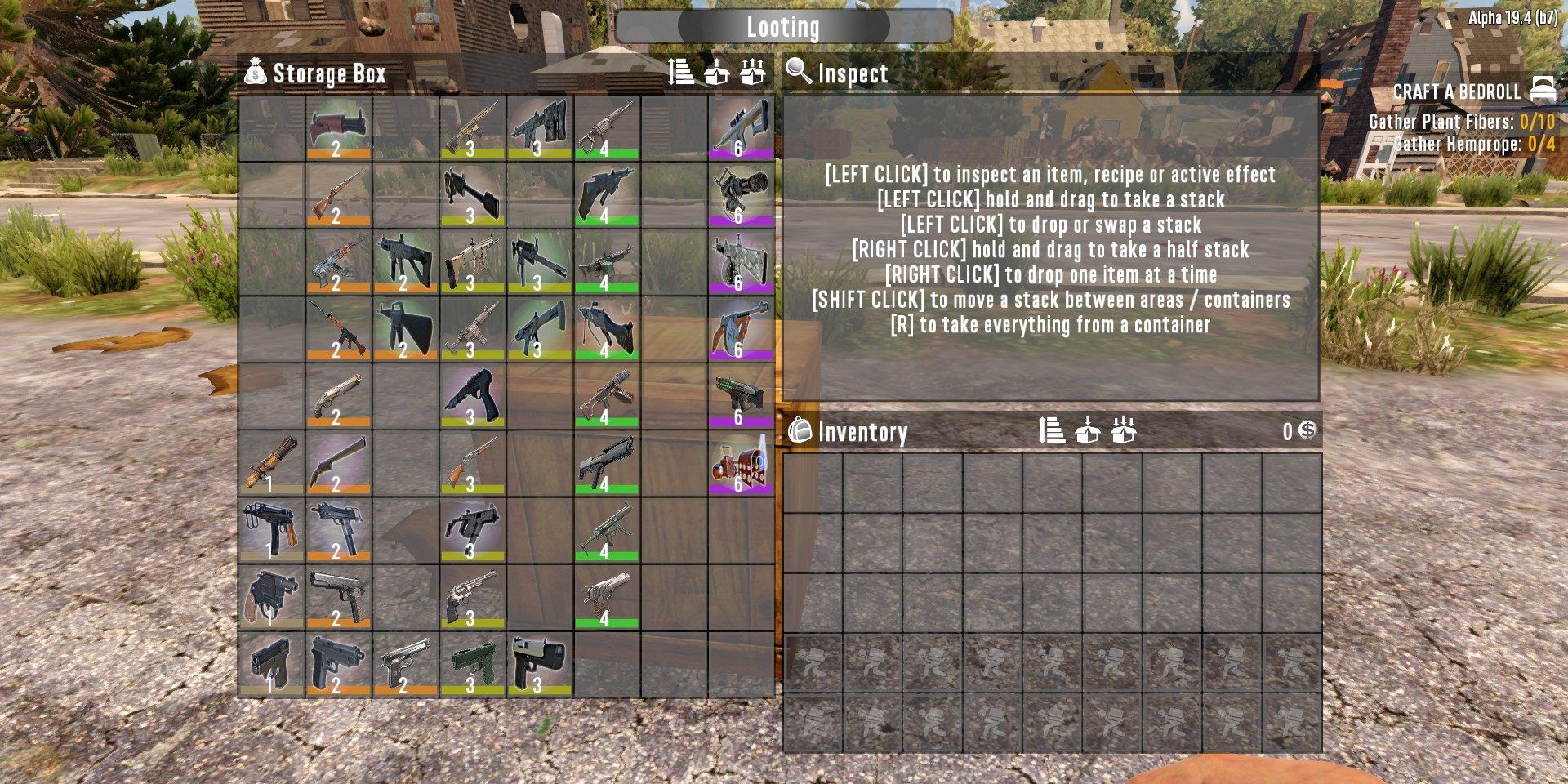 A screenshot of the creative inventory screen in 7 Days To Die, with a rsnge of new gun models with different colours for different levels.