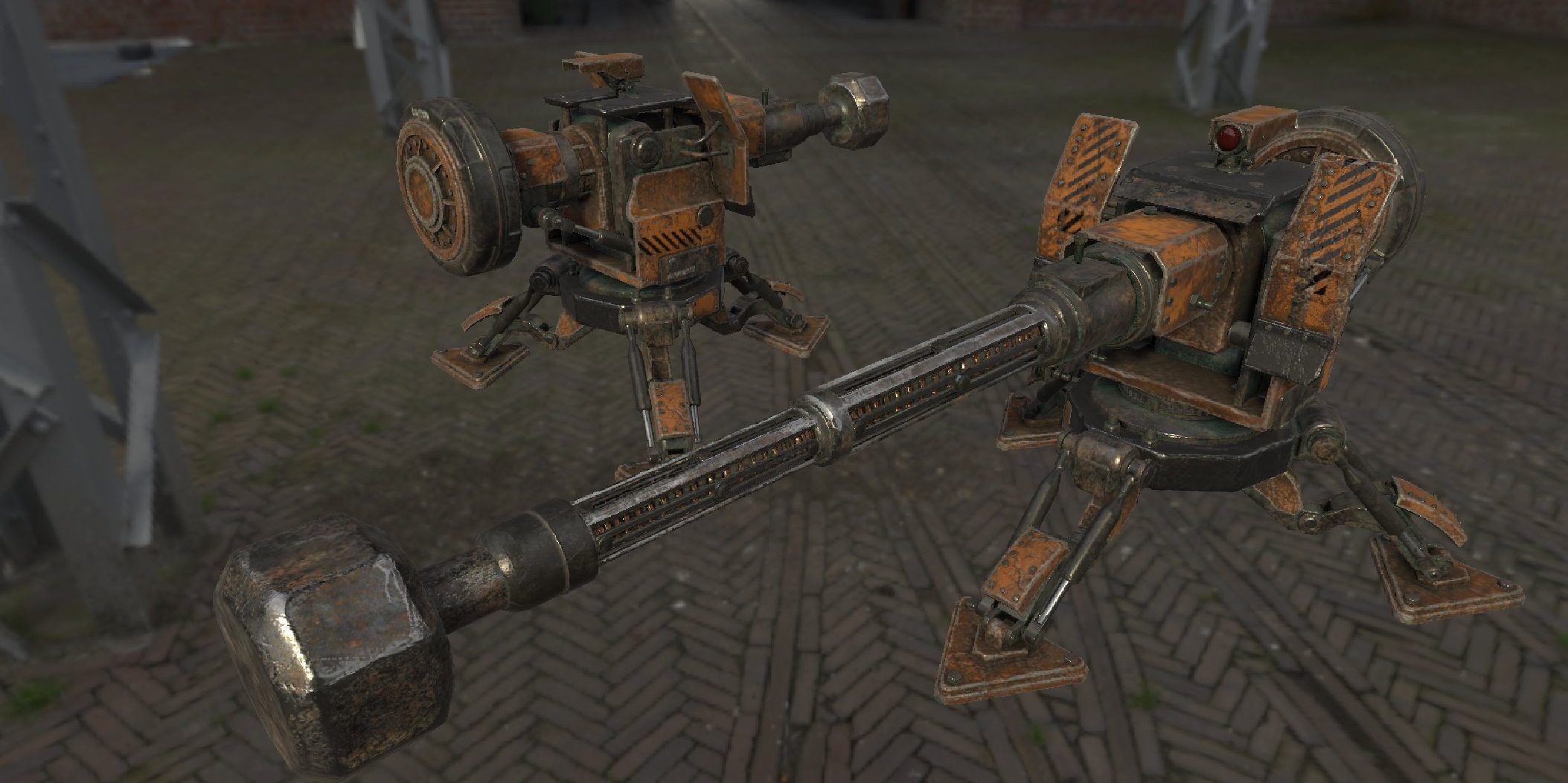 A close-up screenshot of the Robotic Sledge turret from 7 Days To Die.