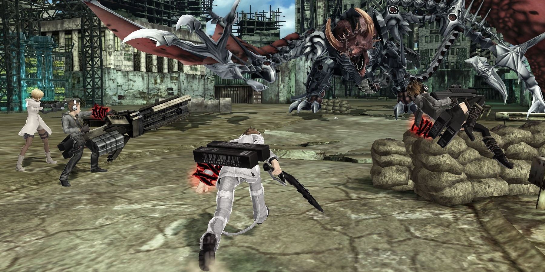 Characters with guns attacking monsters in a city.