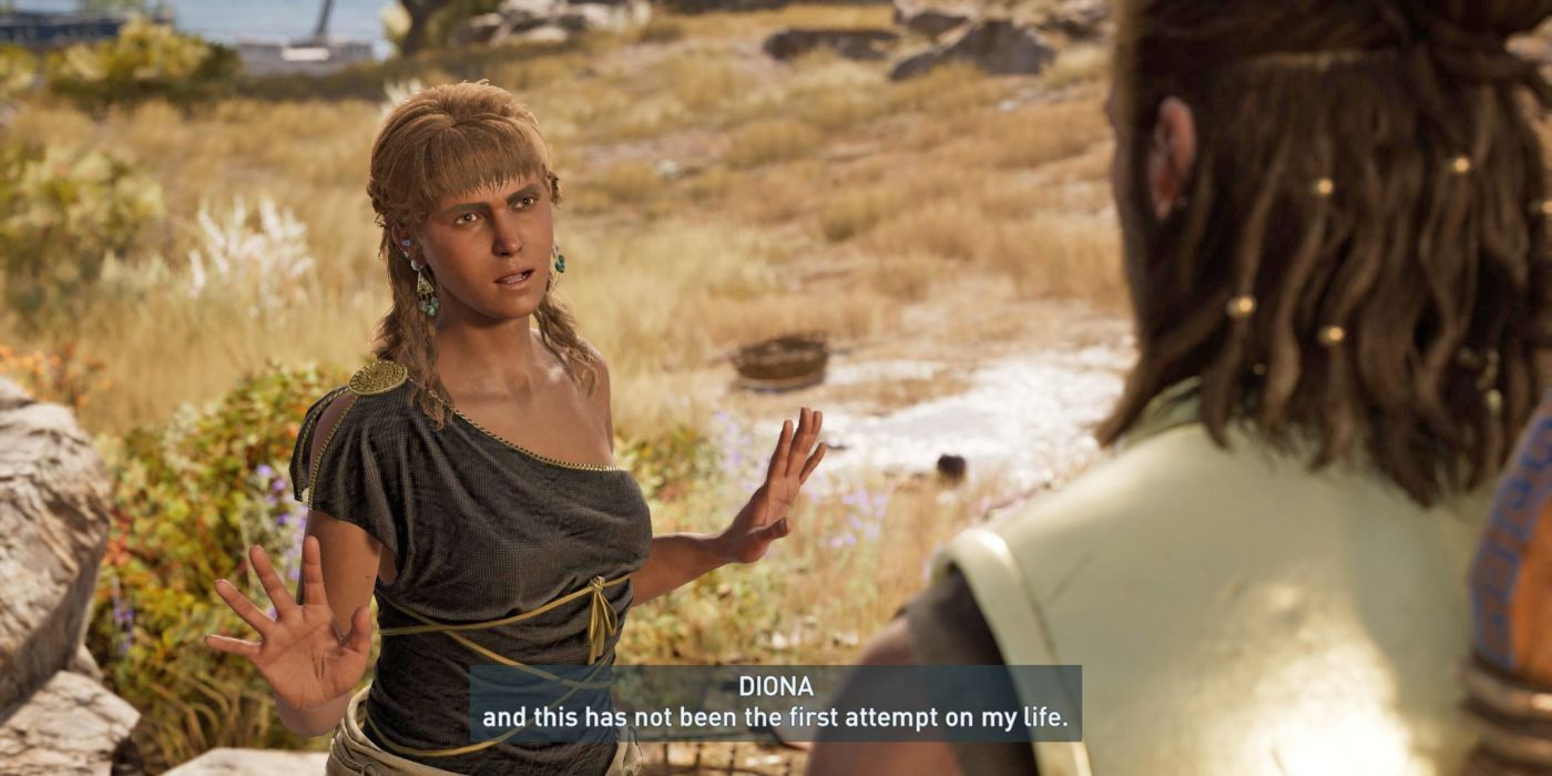 Diona (left) talks to Alexios about how the cult has made more than one attempt on her life duirng "I, Diona"