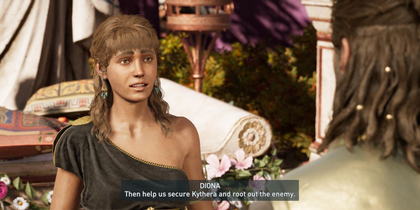 Diona (left) urges Alexios to help root out the cult from Kythera Island during I, Diona's closing moments