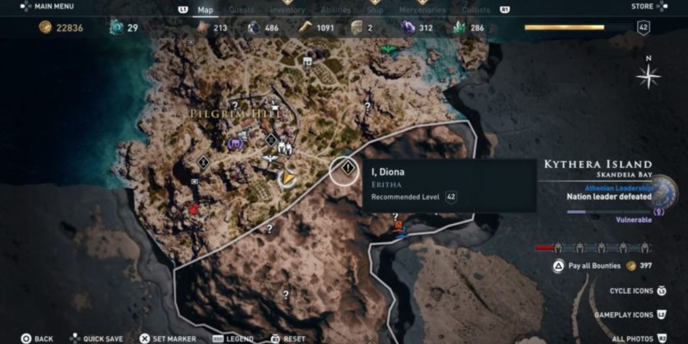 I, Diona's location on the AC Odyssey map