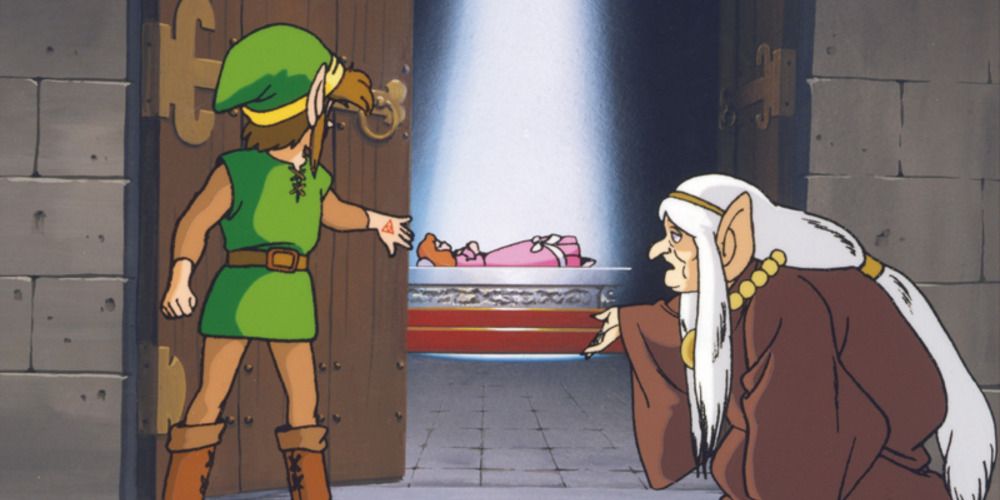 Impa showing Link the sleeping Princess Zelda in Adventure of Link