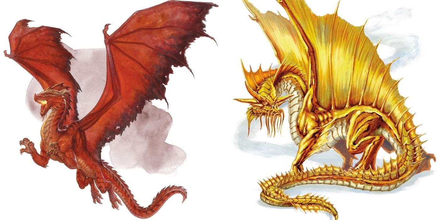 Ancient Red Dragon and Ancient Gold Dragon Dungeons and Dragons Split Image