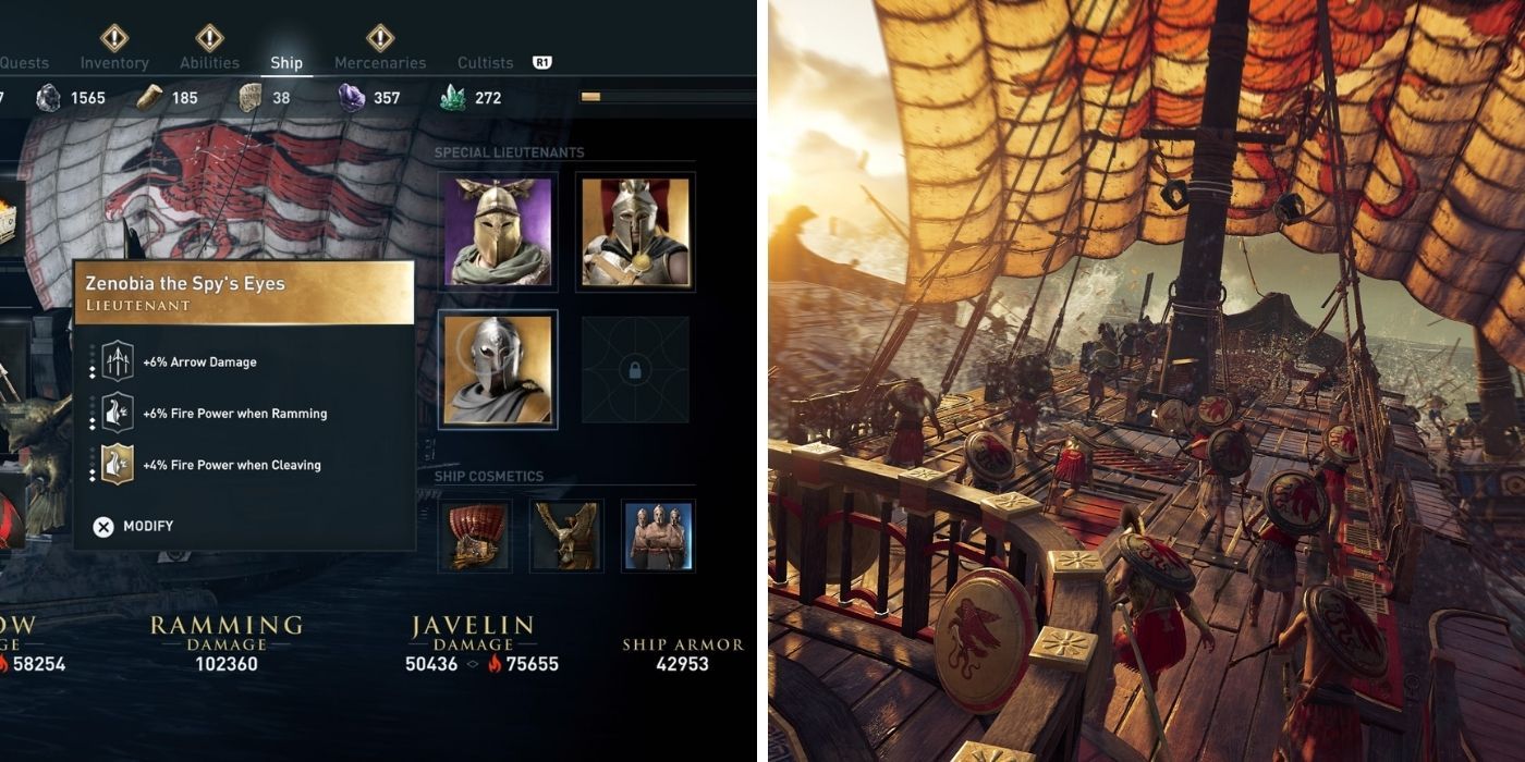 Split image showing the Adrestia and recruited lieutenants in Assassin's Creed Odyssey