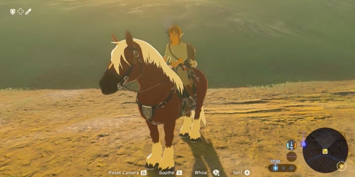 A screenshot of Link riding Epona in Breath of the Wild.