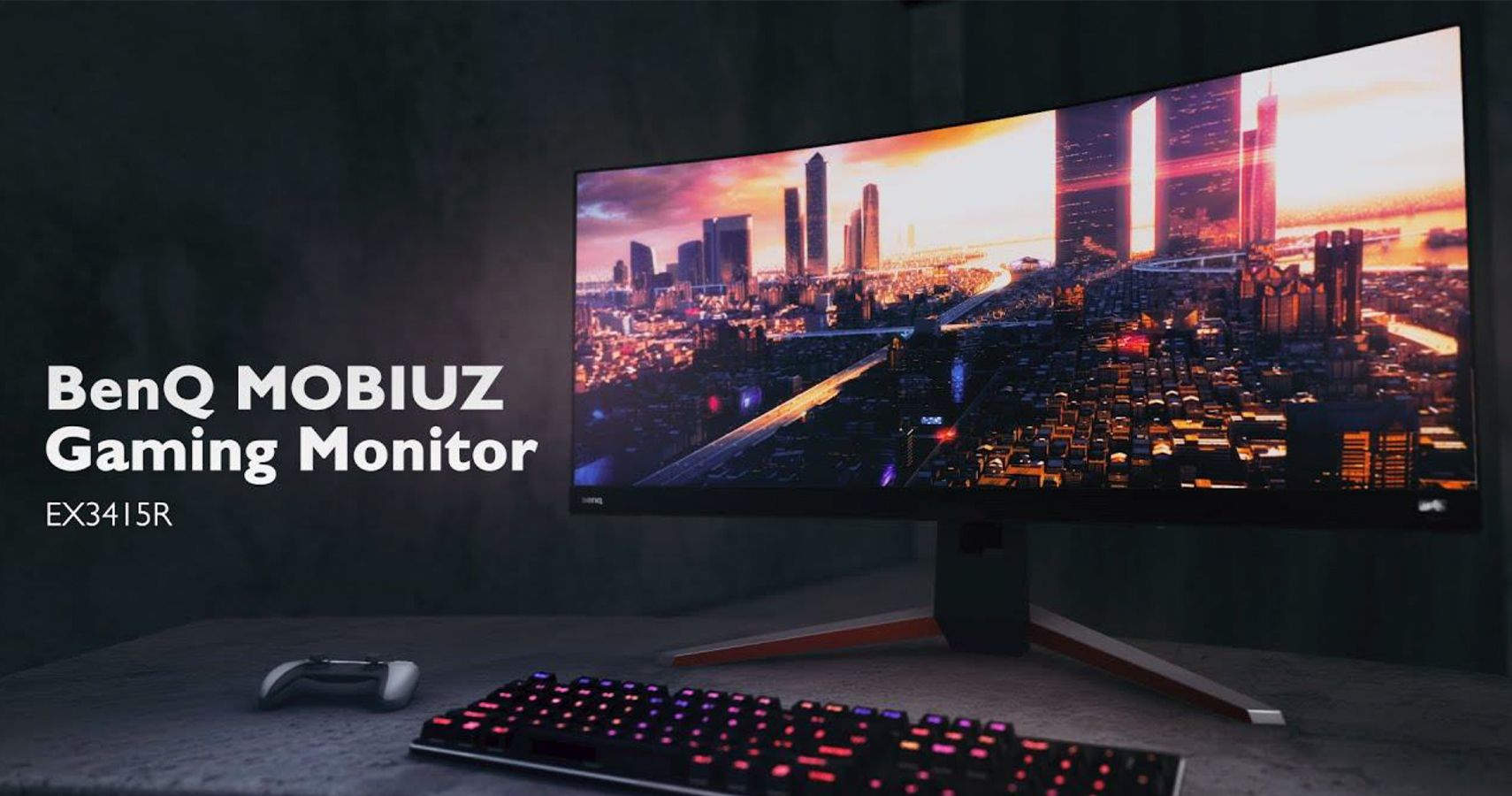 A preview image of the BenQ MOBIUZ Ultrawide Curved Gaming Monitor EX3415R from a BenQ presentation, used with permission.
