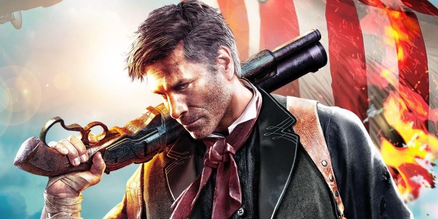 Bioshock Infinite Promo Image Of Booker DeWitt holding a shotgun with an American flag burning behind him.