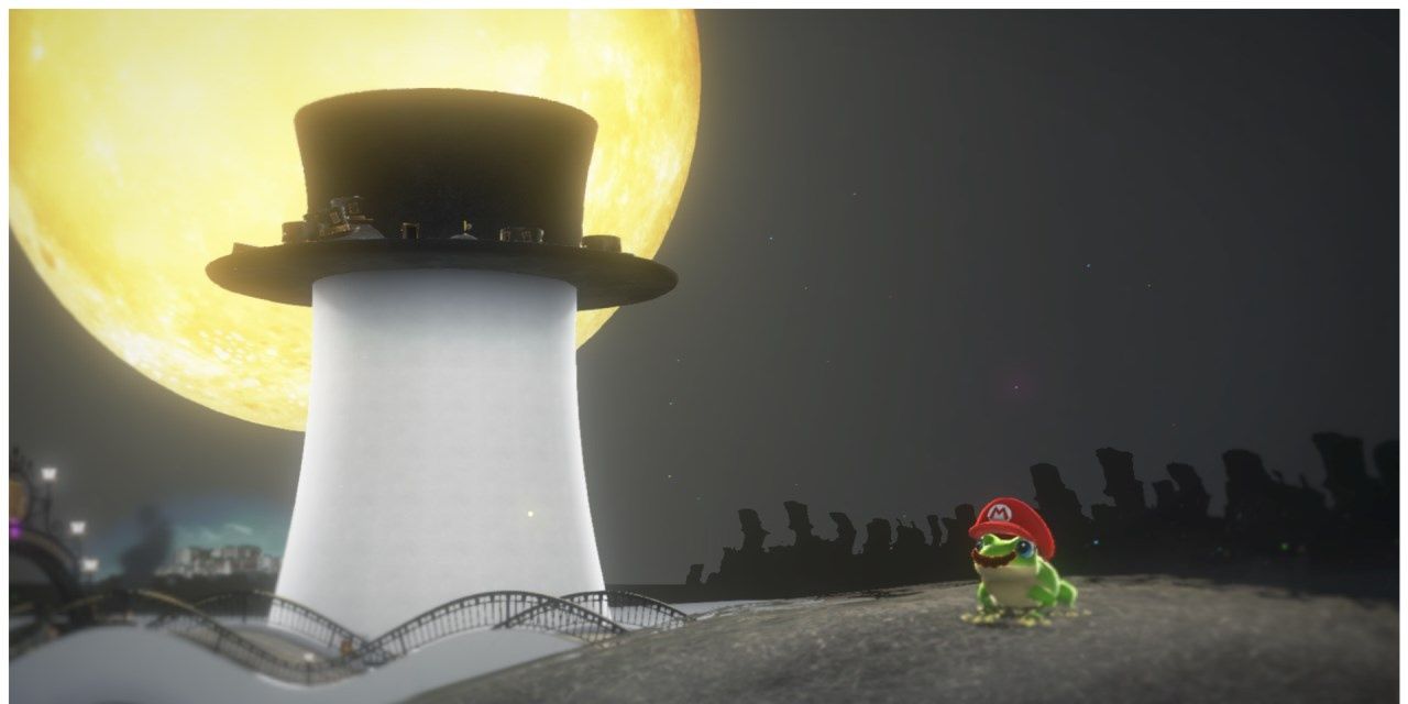 Mario as a frog from Super Mario Odyssey, in front of a tower wearing a hat and the moon large in the background