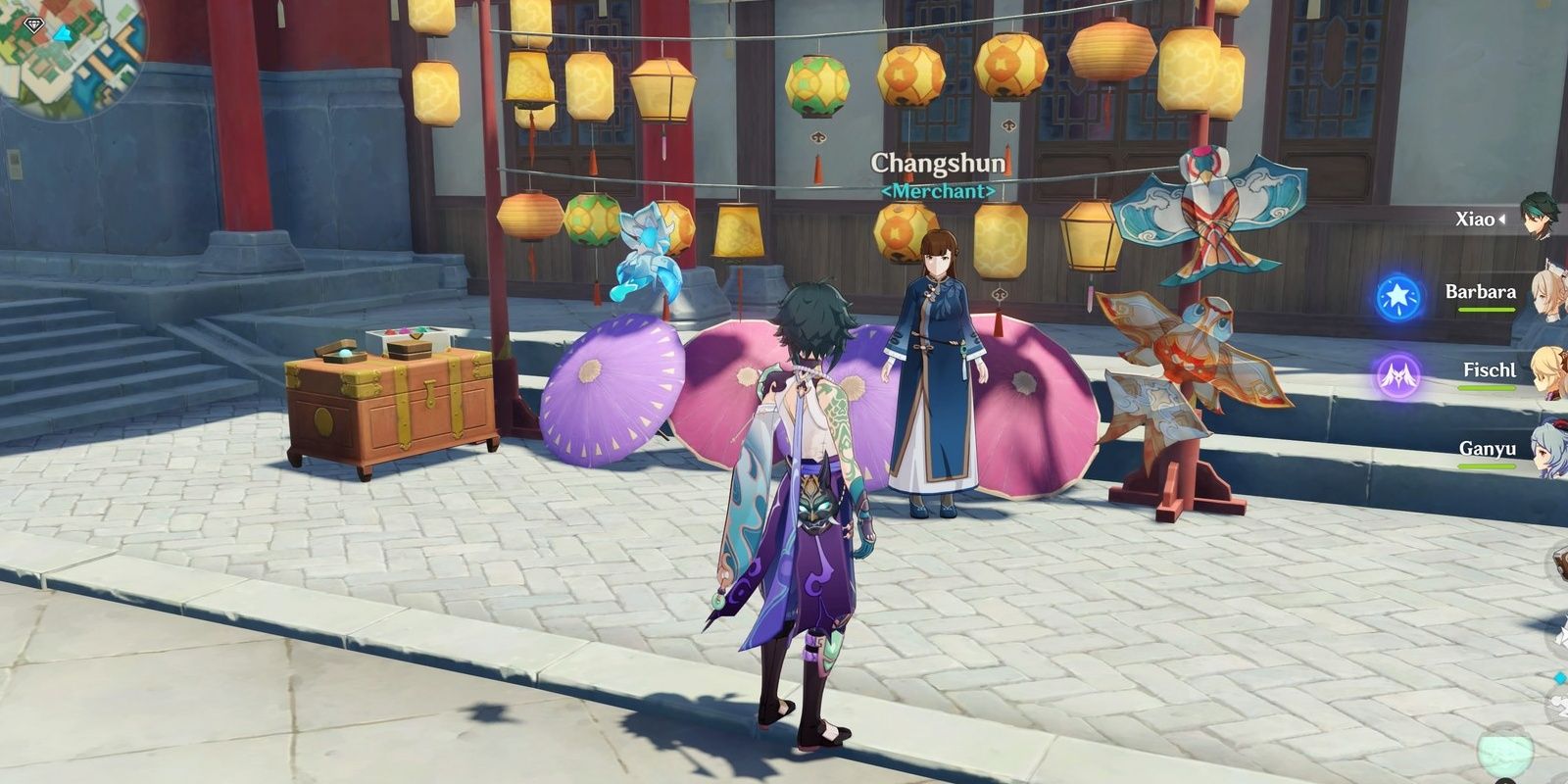 Genshin Impact: Xiao stands in front of Changsun's shop in Liyue