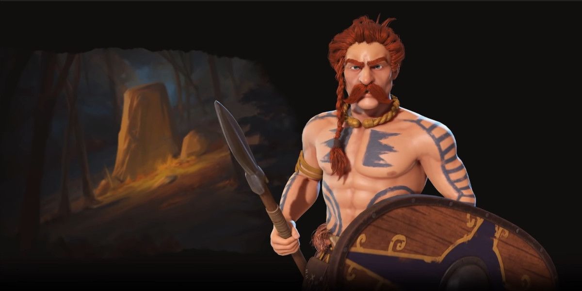 Ambiorix holds a spear and shield while facing the player in Civilization 6