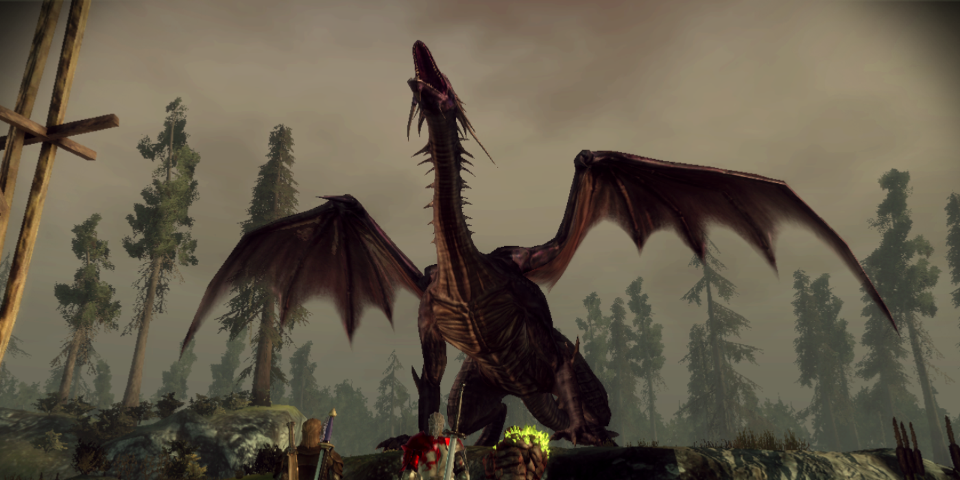 Flemeth roars in her dragon form before her boss fight during Morrigan's personal quest