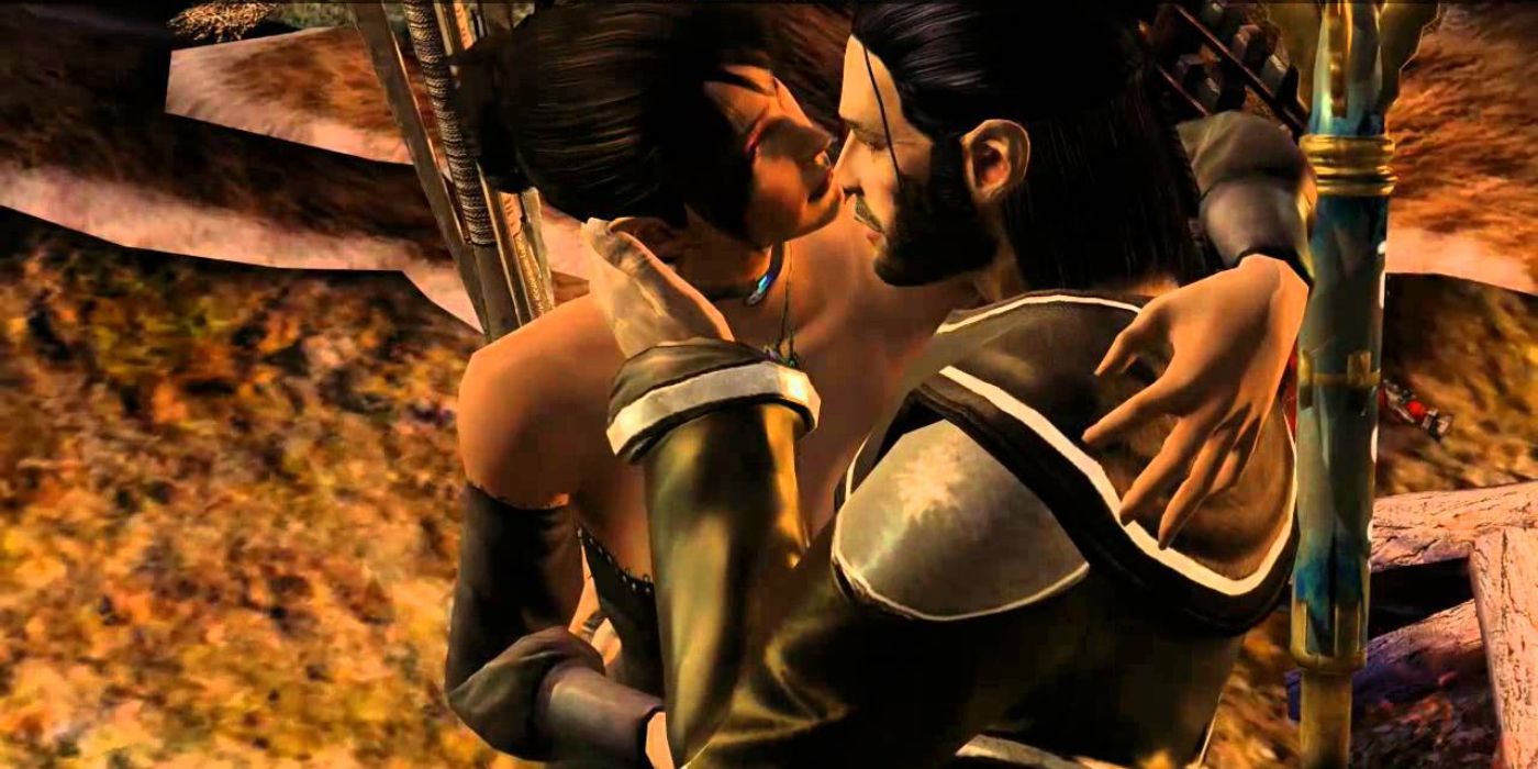 Morrigan (left) and a mage warden kiss each other during the former's romance scene