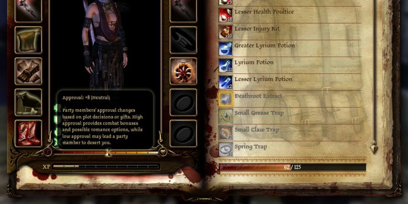 Morrigan in Dragon Age Origins's equipment screen that also tracks her approval (currently neutral)