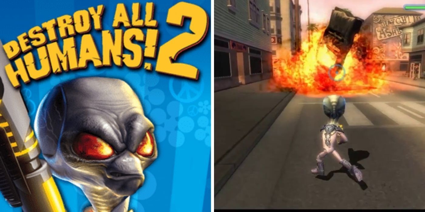 Destroy All Humans! 2: The poster for the game - Crypto causing an explosion on a street