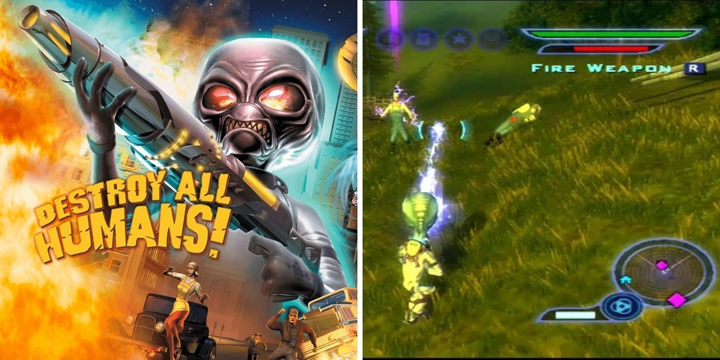 Destroy All Humans! (2005 version): Poster for the game - Crypto shooting at two farmers