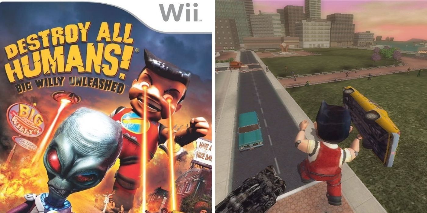 Destroy All Humans! Big Willy Unleashed: The Wii game front cover - Big Willy mech attacking a street