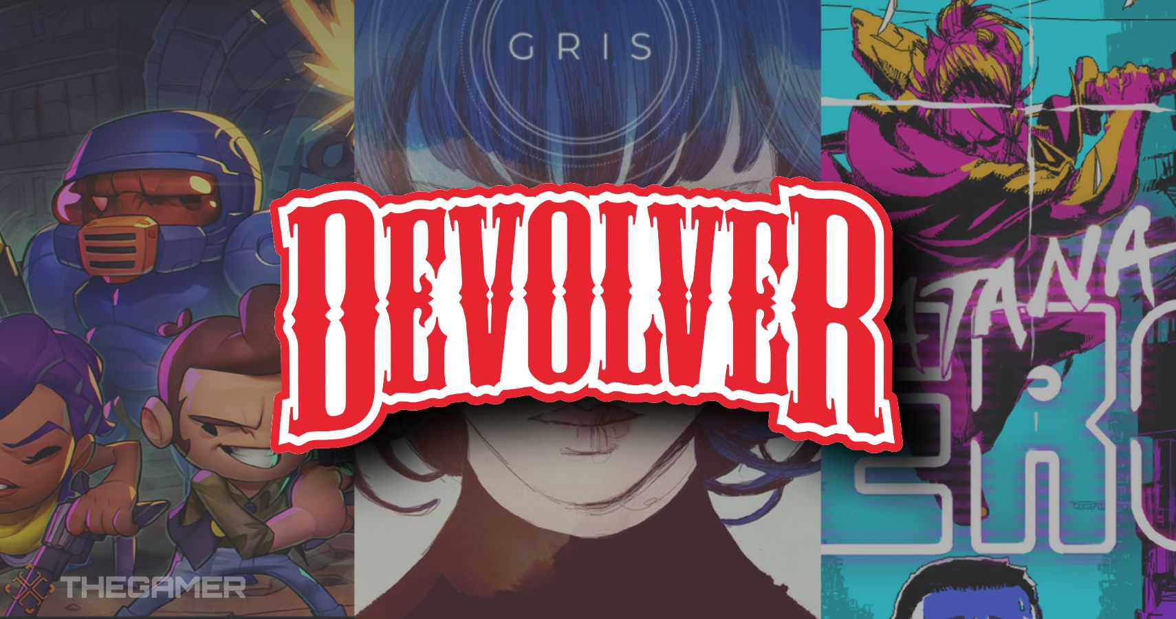 Devolver Digital Logo over Enter the Gungeon, Gris, and Katana Zero