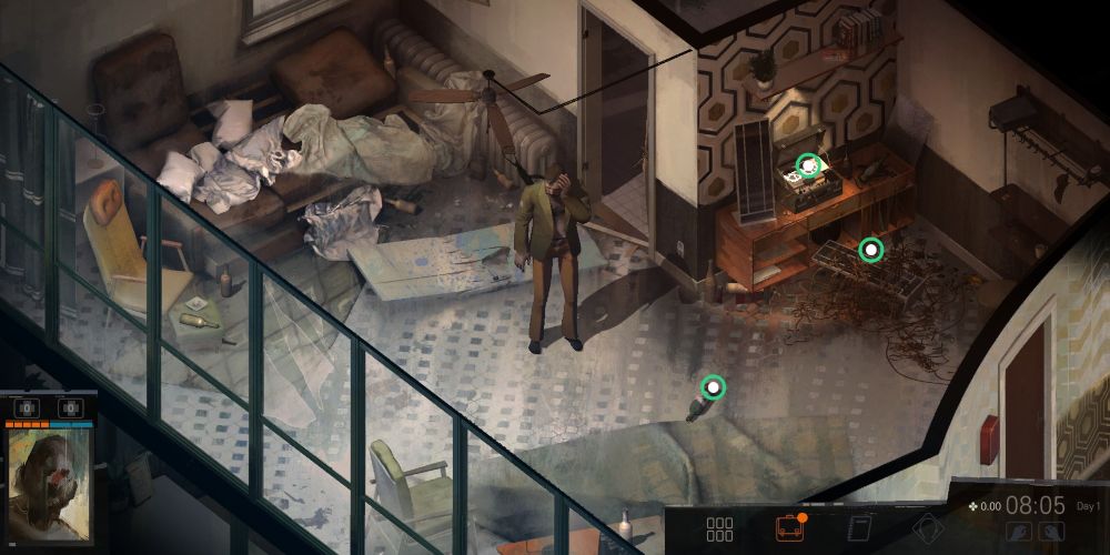 disco elysium harry in whirling rags room, holding his head and objects of interest highlighted.