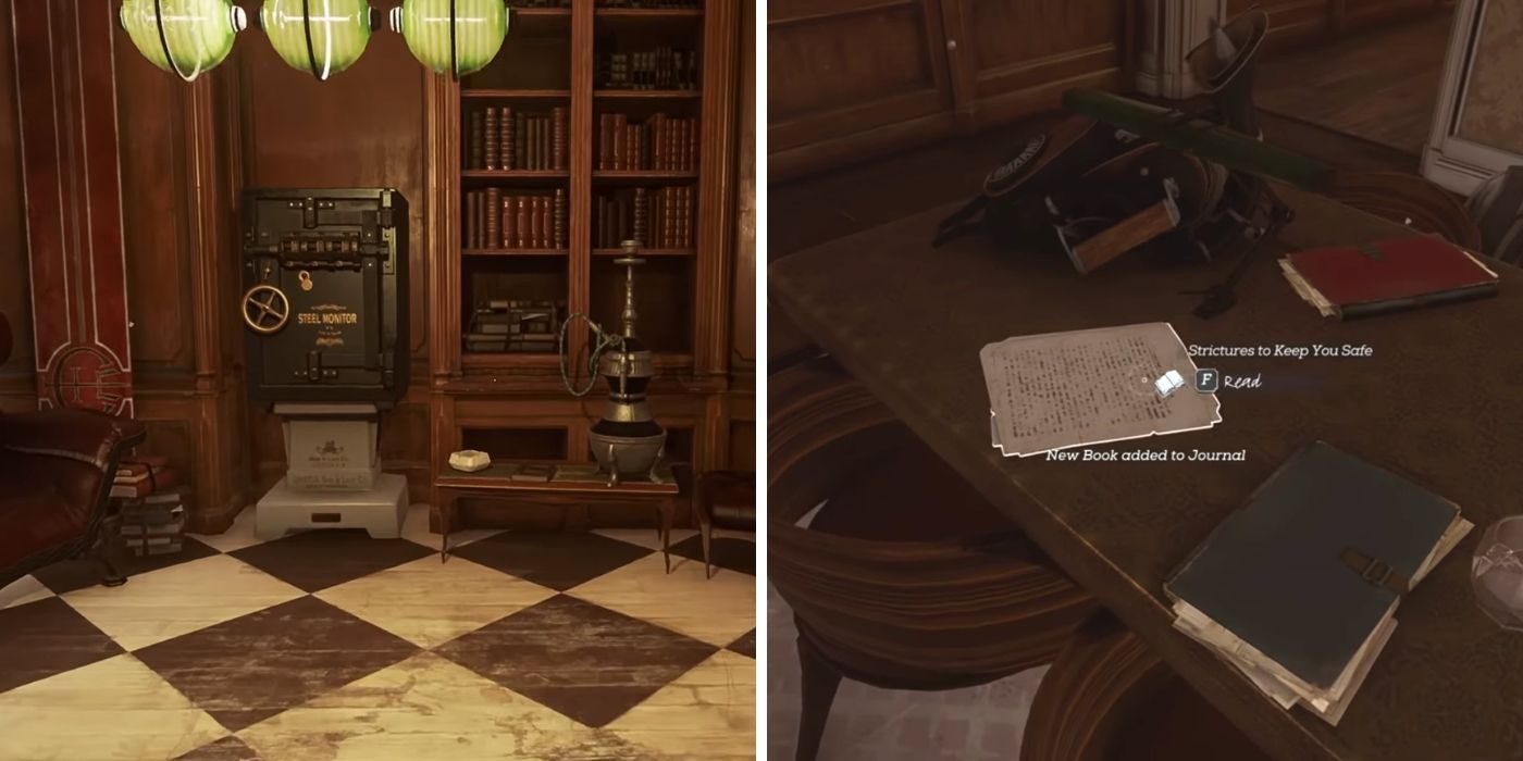 Dishonored 2 - Safe next to Strictures book - A note about Strictures on a table