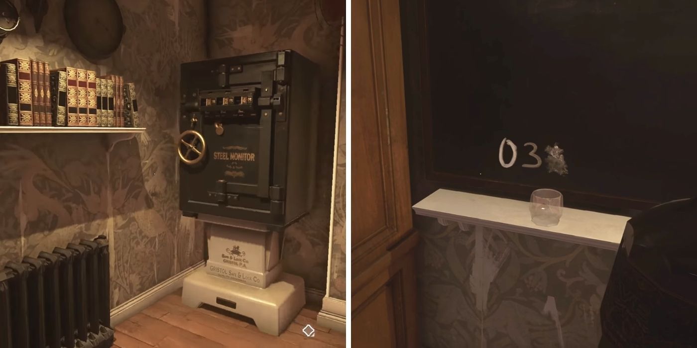 Dishonored 2 - A safe next to a bookshelf - The safe code written on a blackboard