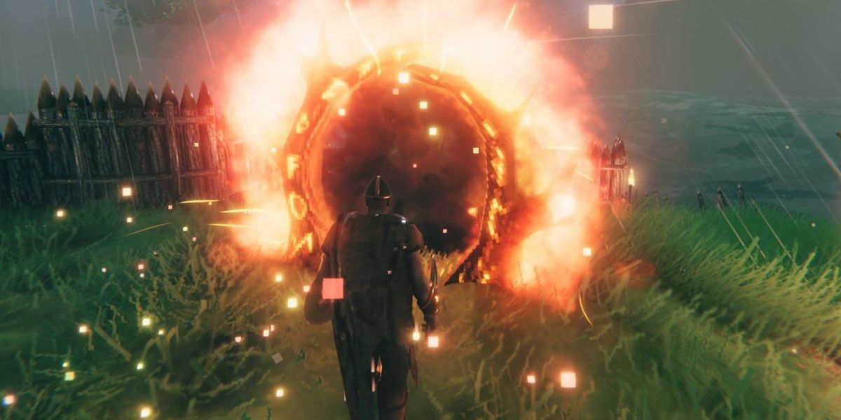 Valheim player going through a portal