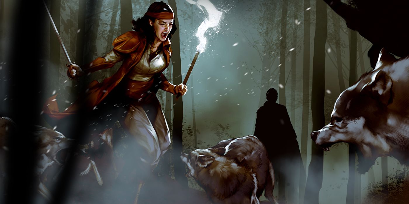 Dungeons And Dragons Woman Holding Sword And Torch Surrounded By Wolves