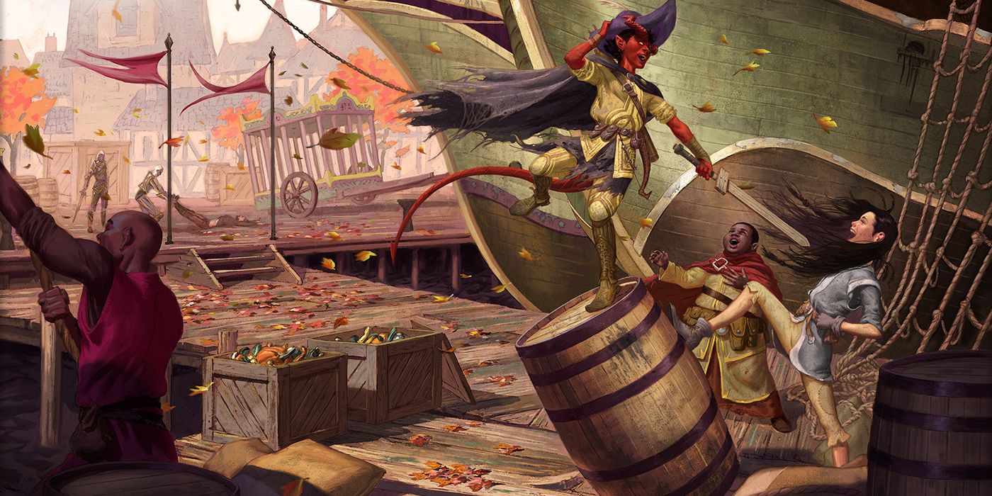 Dungeons & Dragons Tiefling Rogue Standing On A Barrel