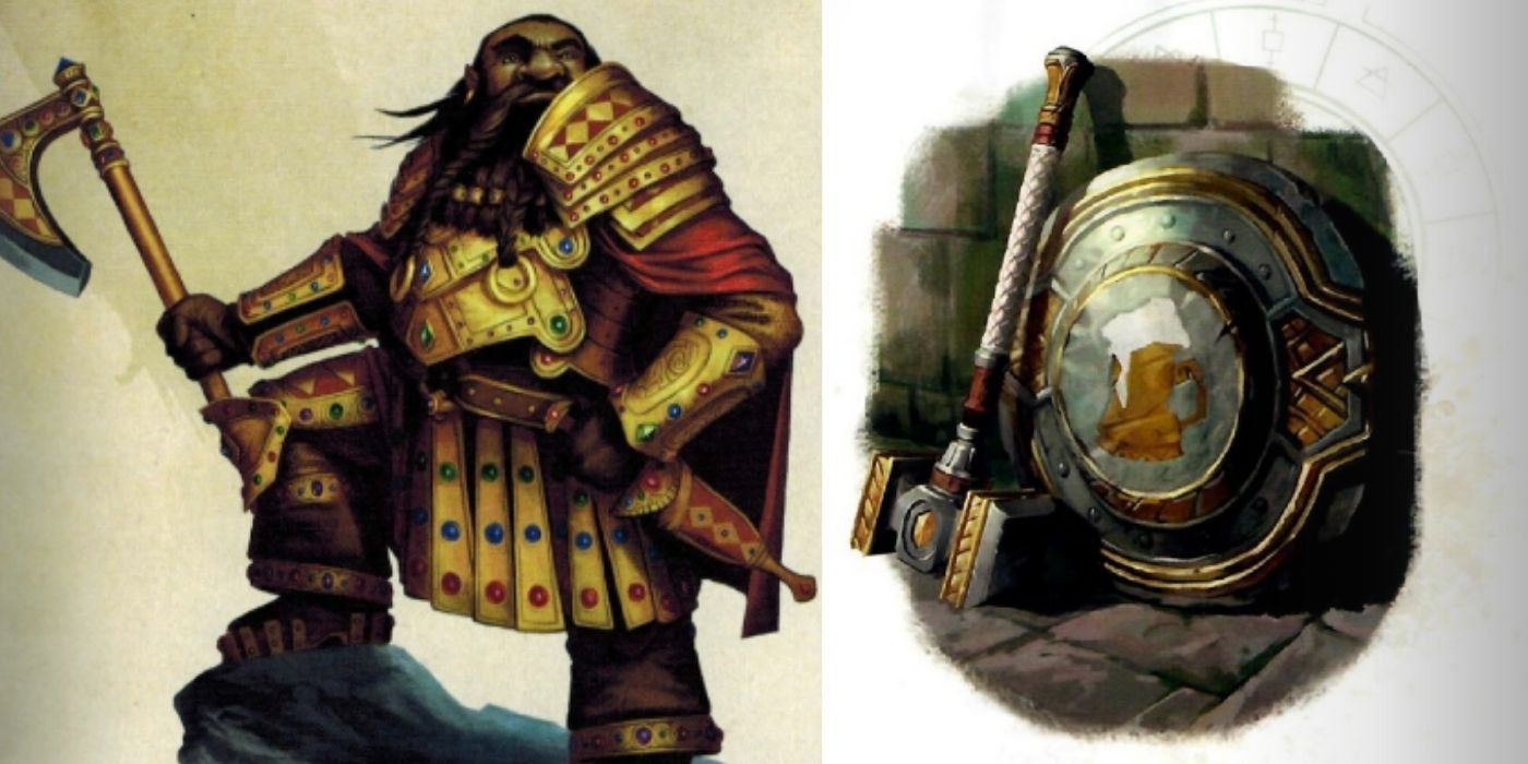 Dungeons and Dragons - A golden Dwarf - A dwarven hammer and shield
