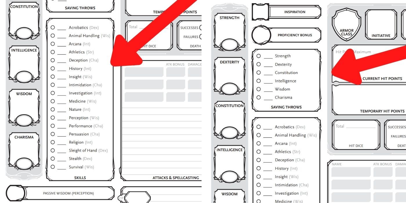 Dungeons and Dragons Character Sheet Ability Scores, Proficiencies, and Saving Throws