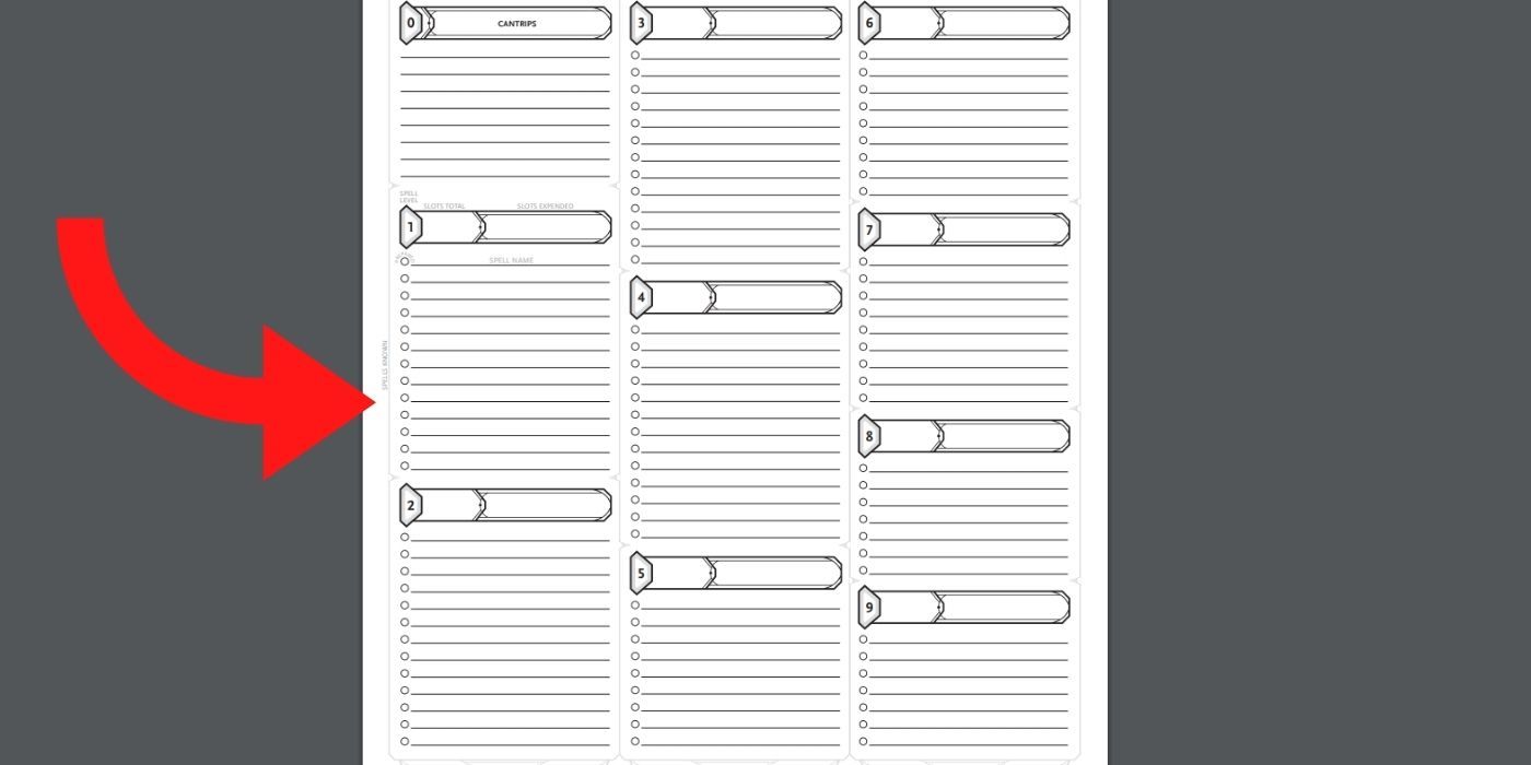 Dungeons and Dragons Character Sheet Spells