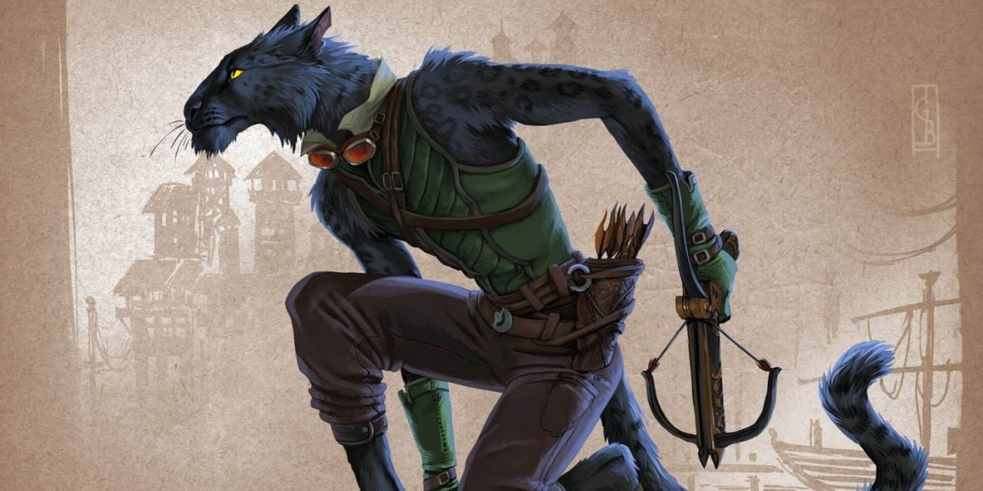 Dungeons and Dragons Tabaxi holding a crossbow pistol via codexnomina.com/tabaxi-names/