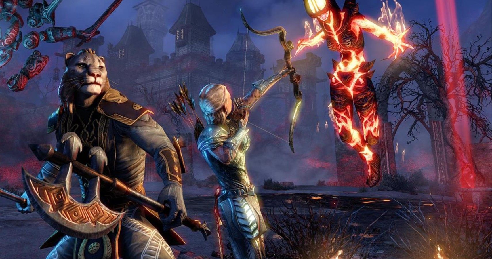 Elder Scrolls Online characters facing off against fire elemental in front of the Craglorn Skyreach Catacombs