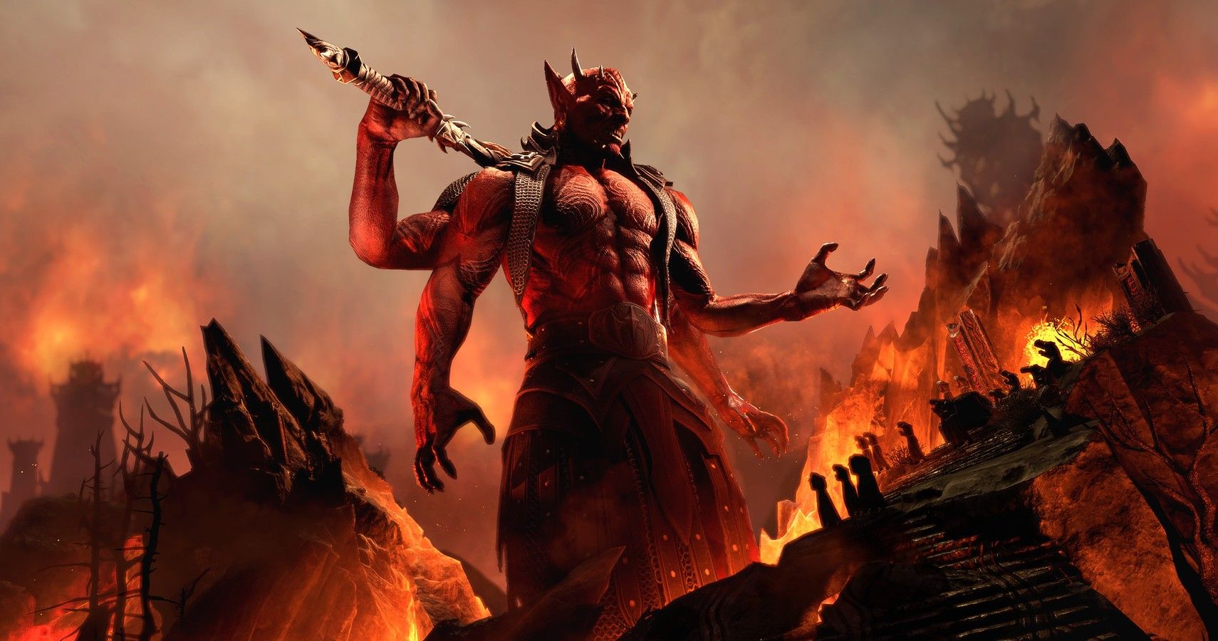 Elder Scrolls Online blackwood cover art depicting demonic figure with four arms wielding a sword