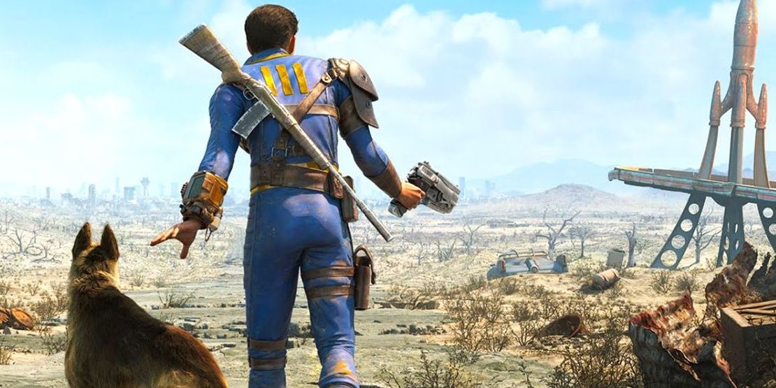 The male player character of Fallout 4 holding a pistol, stood next to a dog.